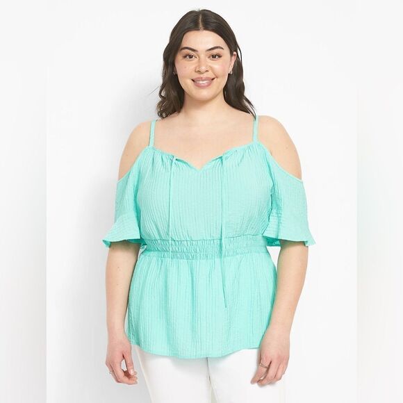 Lane Bryant Cold-Shoulder Smocked Waist Top - Picture 1 of 9